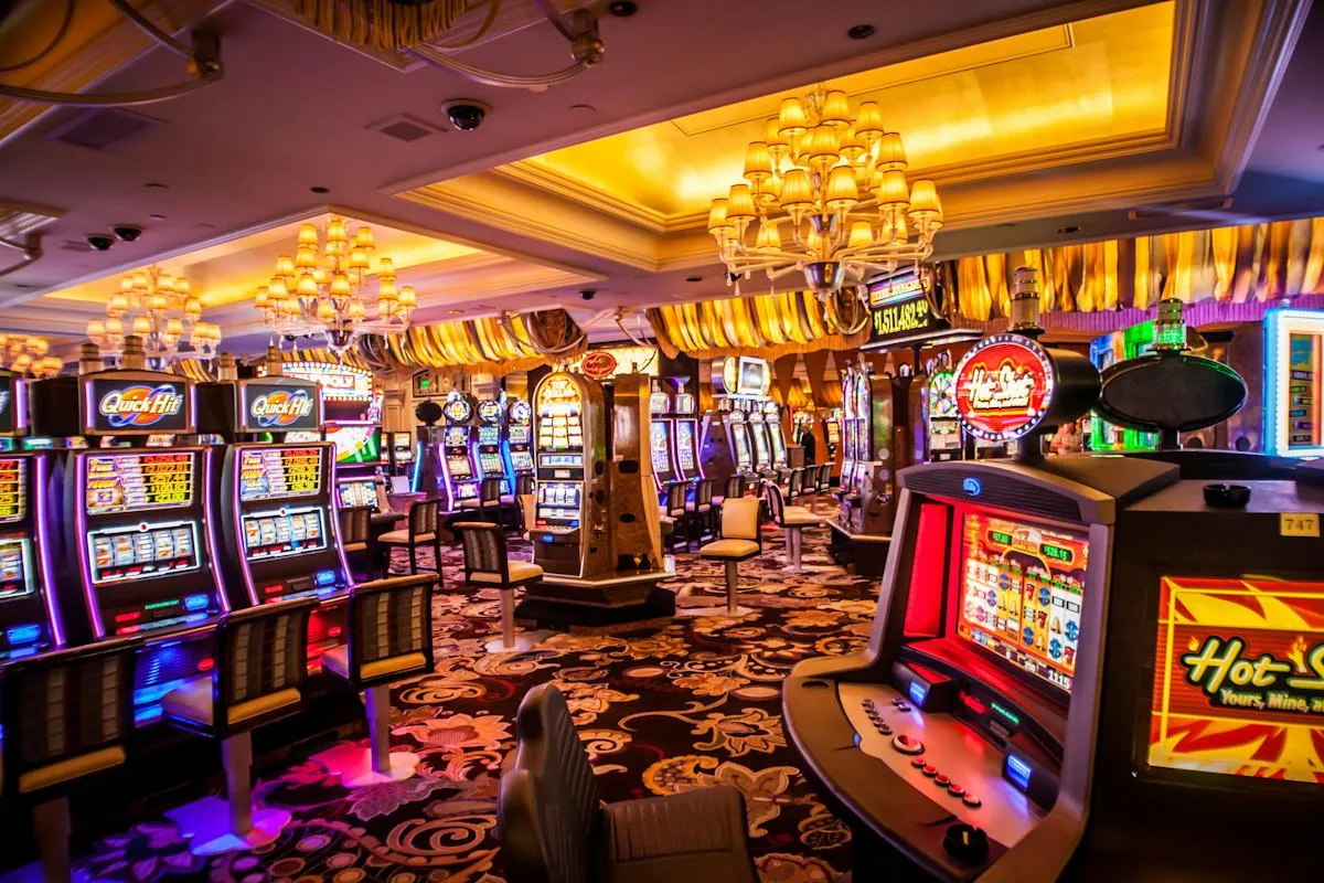 Casino gaming machines in an indoor hall